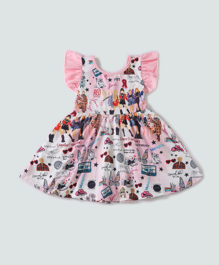 Pink Music Fan Print Ruffle Dress