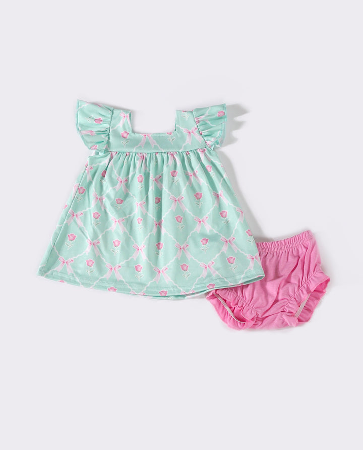 Green Bow Tie Ruffle Baby Set