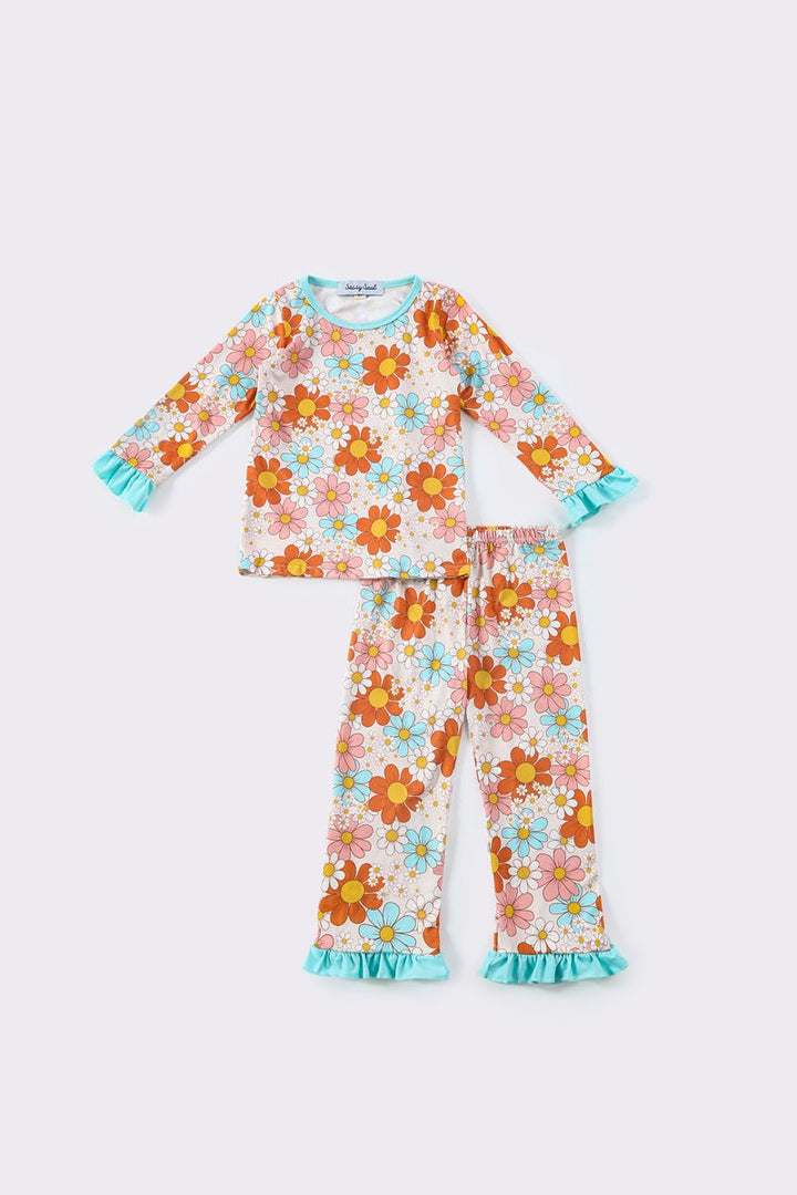 Orange Floral Ruffle Girl Pajamas Set