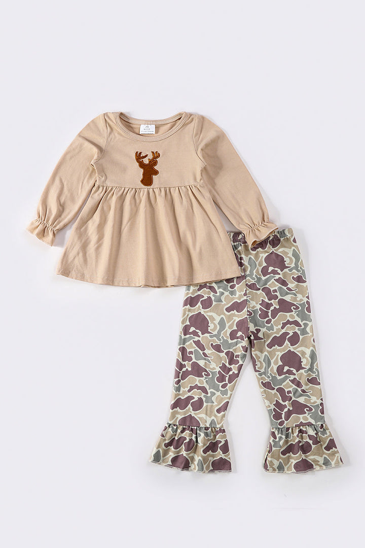 Camouflage Deer Embroidery Girl Pants Set