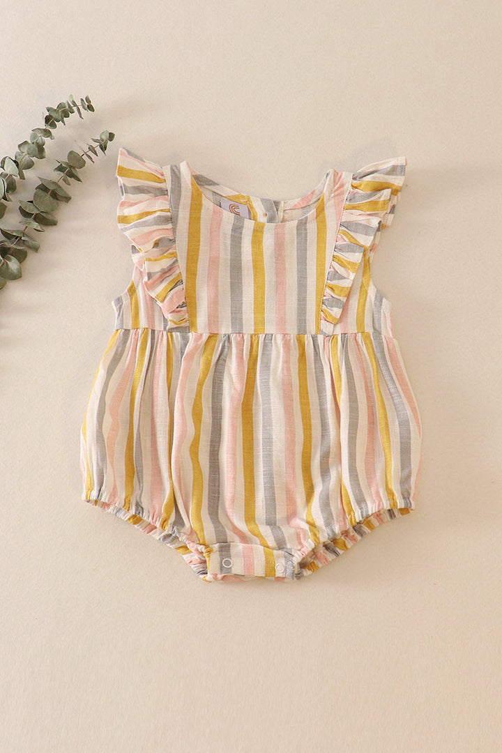 Multi Stripe Linen Girl Ruffle Bubble