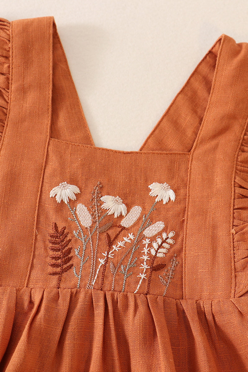 Caramel Linen Floral Embroidery Ruffle Bubble