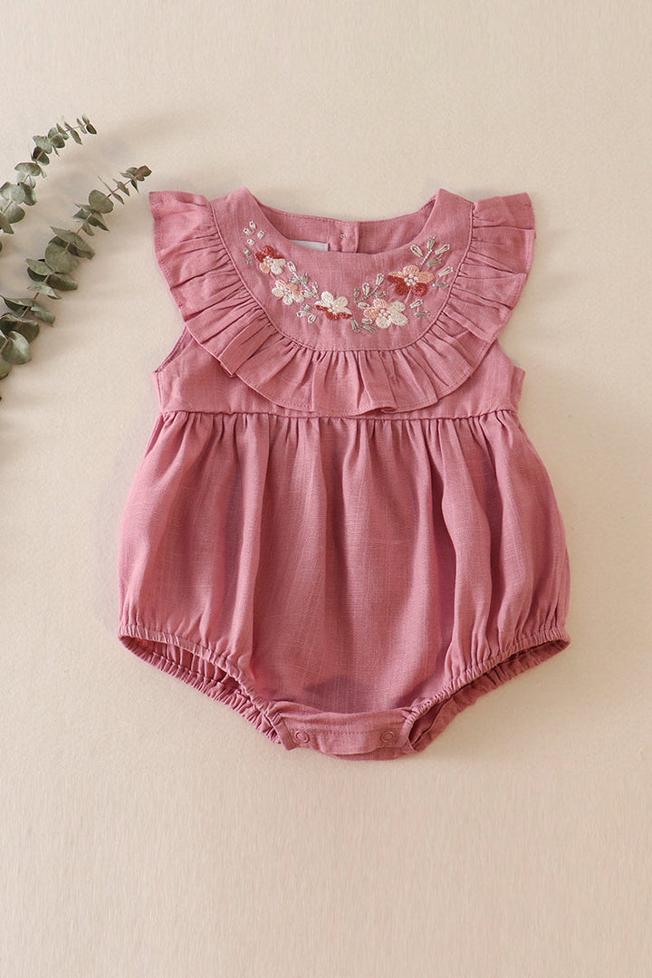 Pink Floral Embroidery Ruffle Linen Girl Bubble