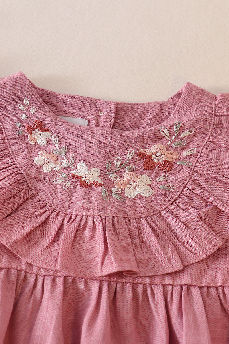 Pink Floral Embroidery Ruffle Linen Girl Bubble