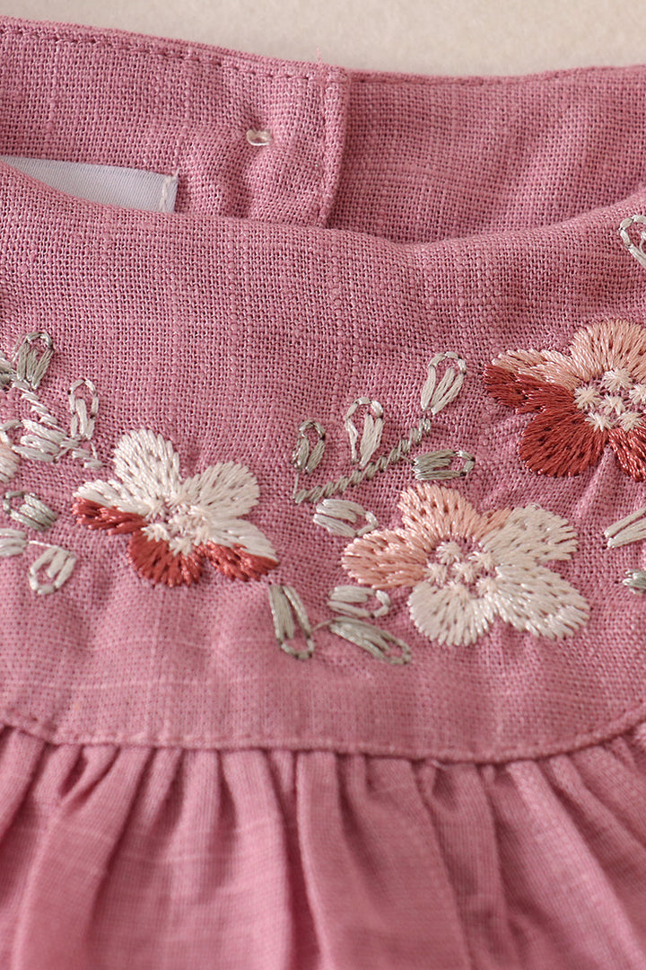 Pink Floral Embroidery Ruffle Linen Girl Bubble