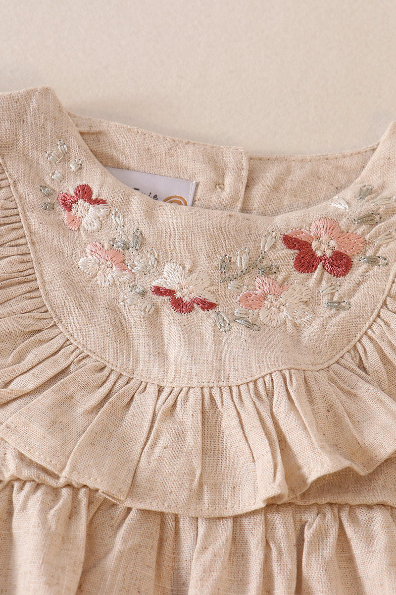 Beige Floral Embroidery Ruffle Linen Girl Bubble