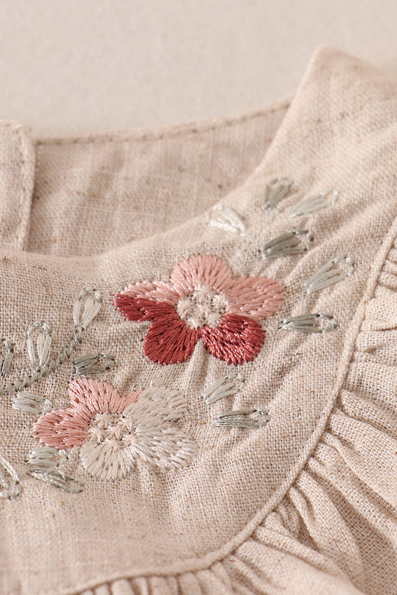 Beige Floral Embroidery Ruffle Linen Girl Bubble