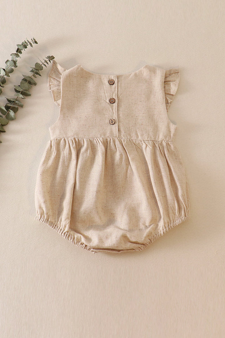 Beige Floral Embroidery Ruffle Linen Girl Bubble