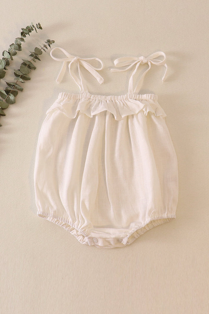 White Strap Ruffle Linen Girl Bubble