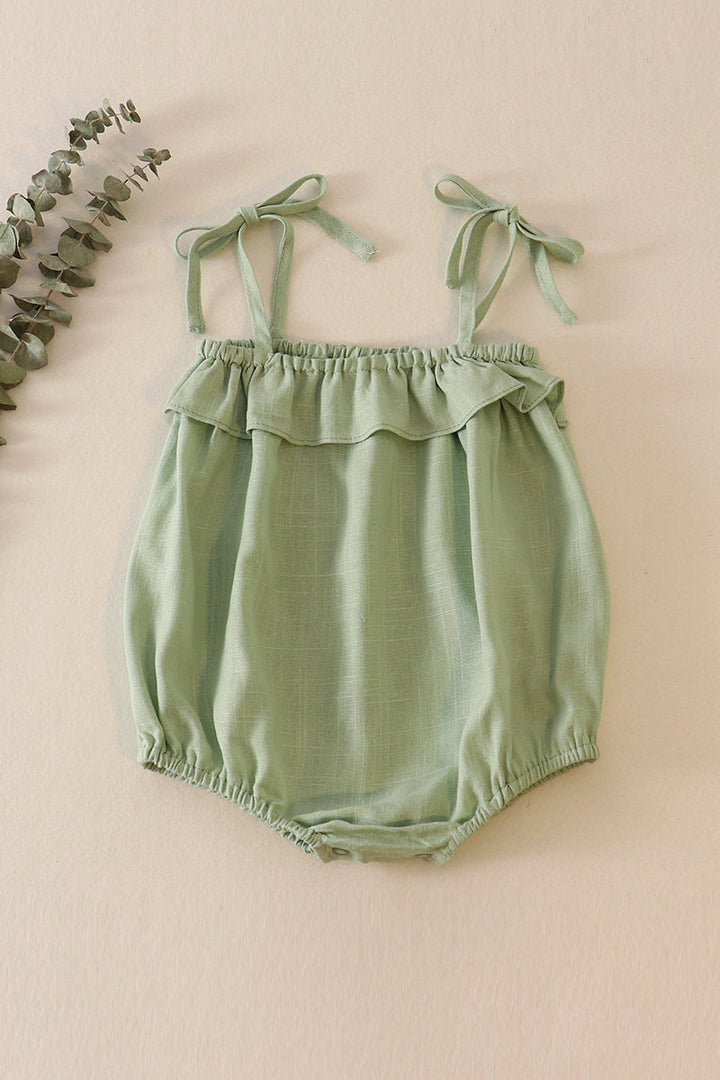 Green Strap Ruffle Linen Girl Bubble