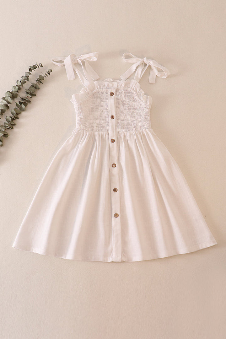 White Linen Smocked Button Dress