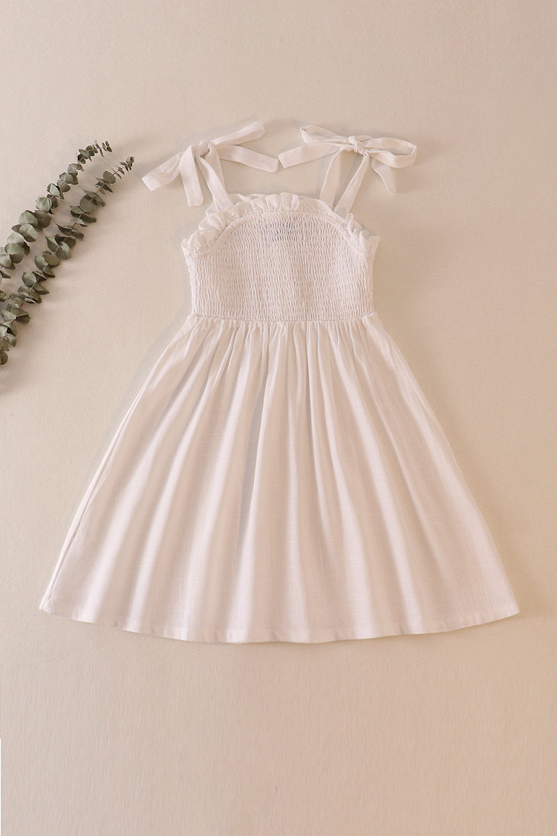 White Linen Smocked Button Dress