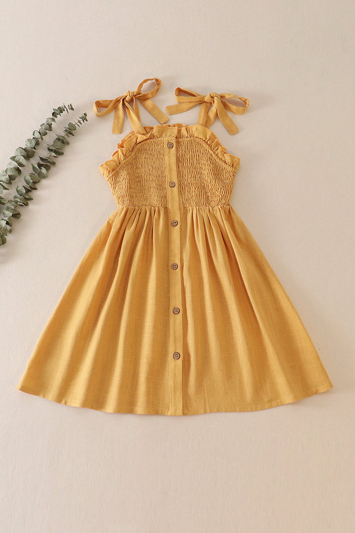 Mustard Linen Smocked Button Dress