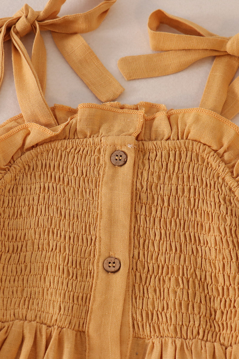 Mustard Linen Smocked Button Dress