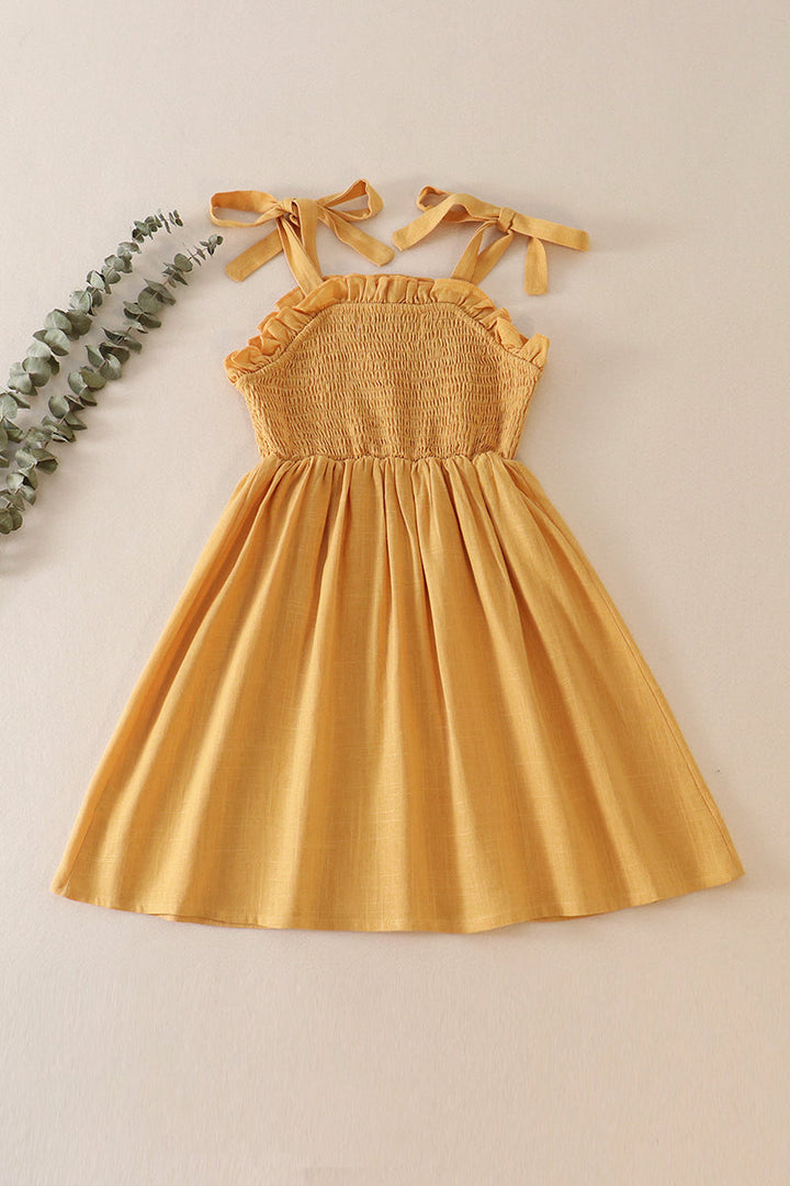 Mustard Linen Smocked Button Dress