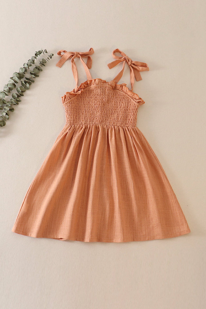 Coral Linen Smocked Button Dress