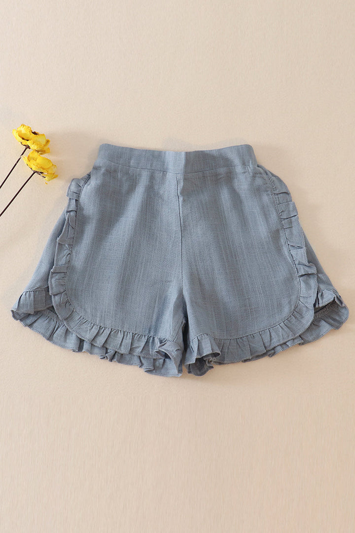 Blue Linen Ruffle Shorts