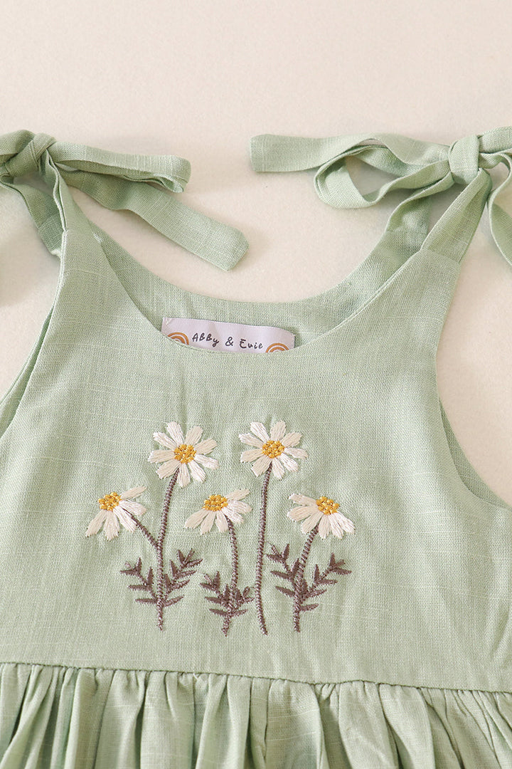 Sage Floral Embroidery Linen Dress