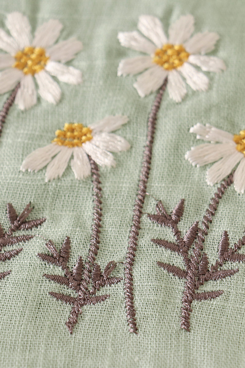 Sage Floral Embroidery Linen Dress