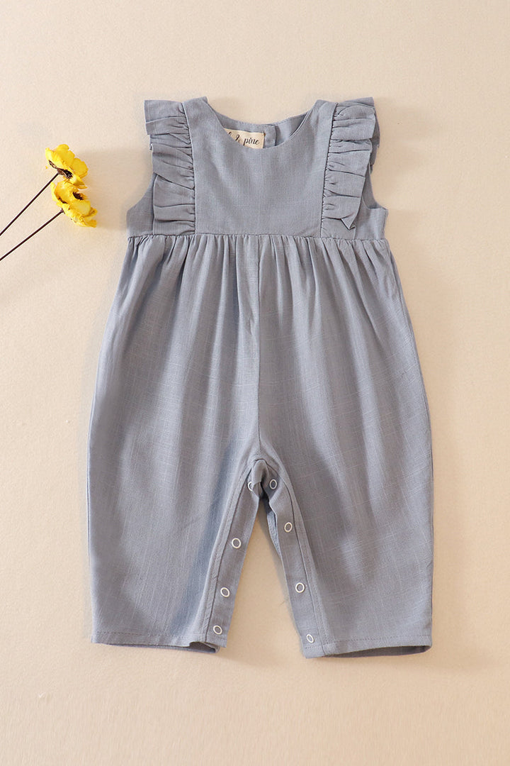 Blue Linen Ruffle Girl Romper