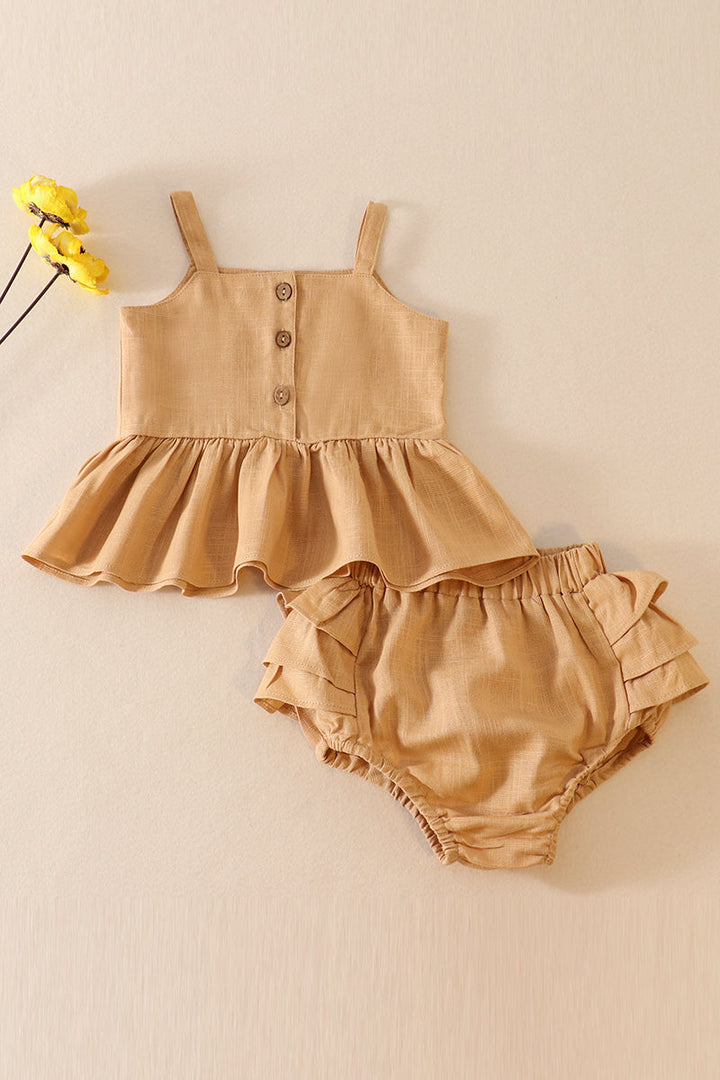 Beige Linen Ruffle 2pc Baby Set