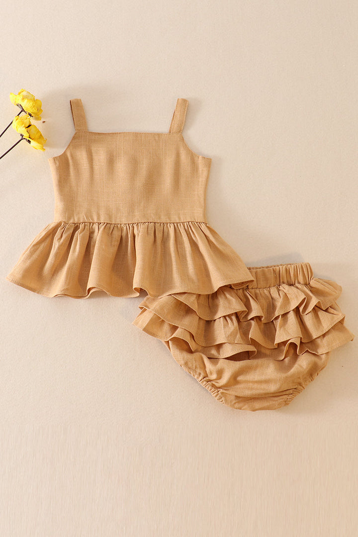 Beige Linen Ruffle 2pc Baby Set