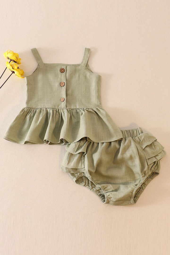 Green Linen Ruffle 2pc Baby Set