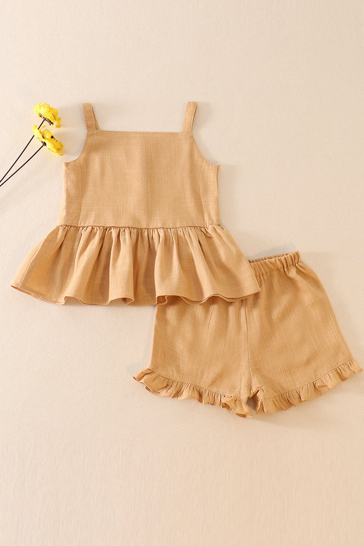 Beige Linen Ruffle 2pc Girl Set