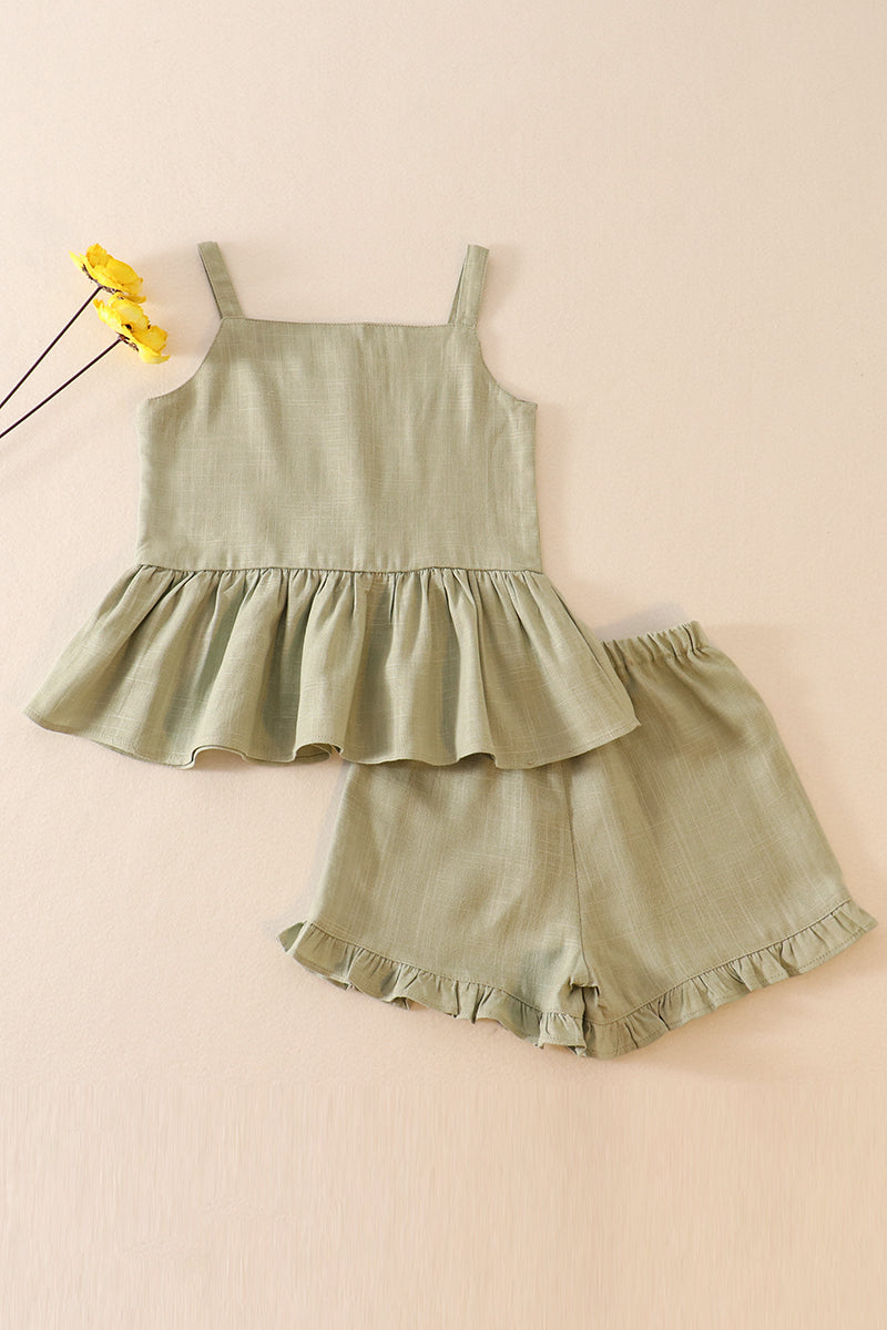 Green Linen Ruffle 2pc Girl Set