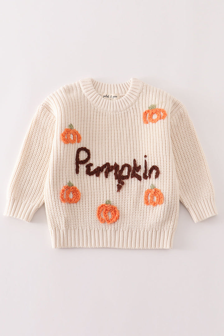 Beige Hand-embroidery Pumpkin Pullover Sweater