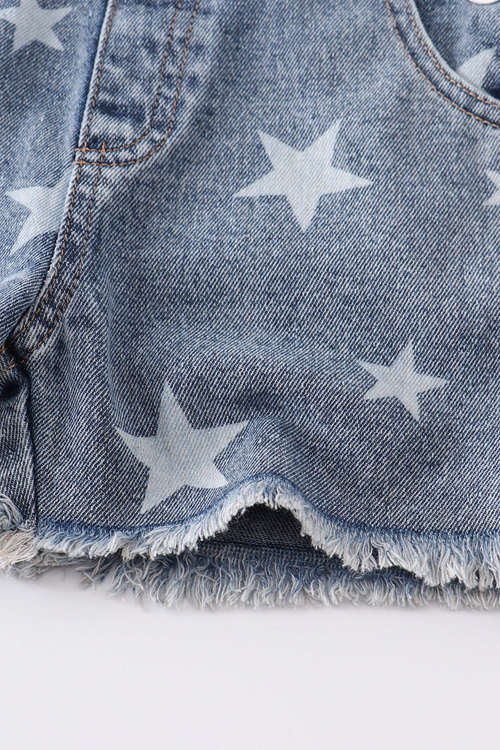 Medium Wash Blue Star Print Strap Denim Overall