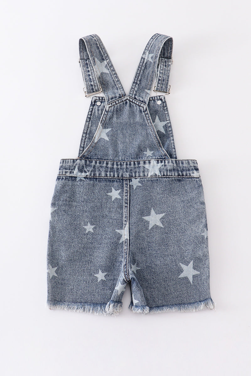 Medium Wash Blue Star Print Strap Denim Overall