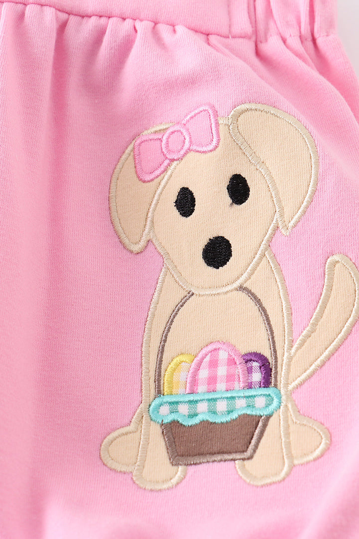 Premium Pink Dog Applique Girl Romper