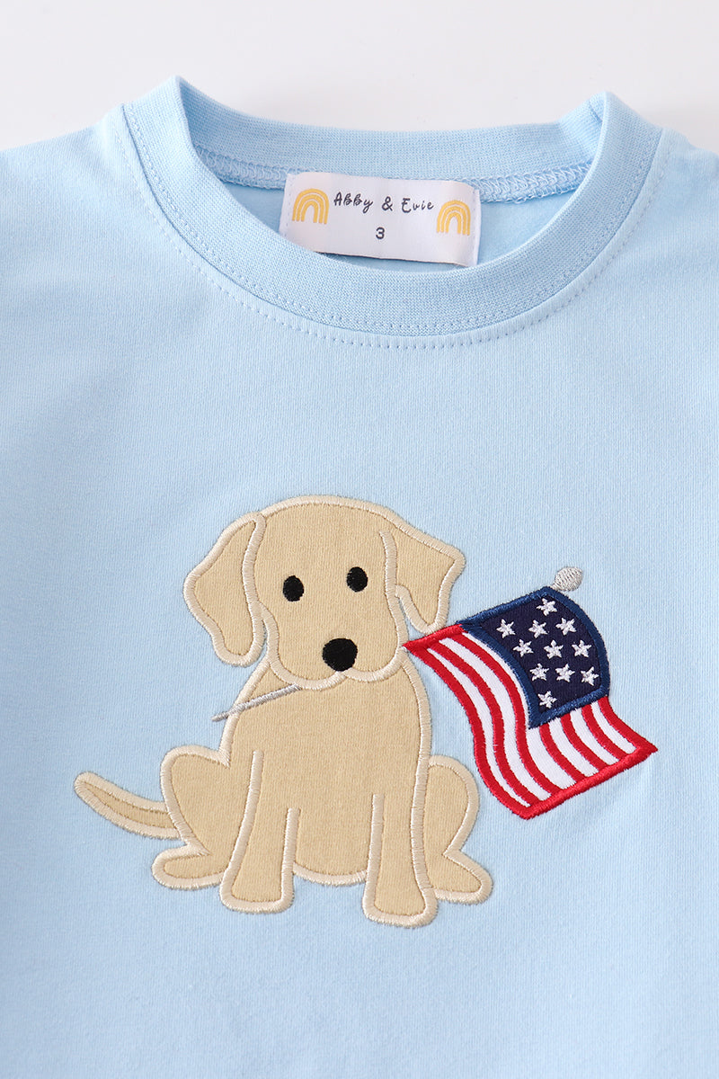 Premium Blue Patriotic Puppy Flag Applique Boy Set