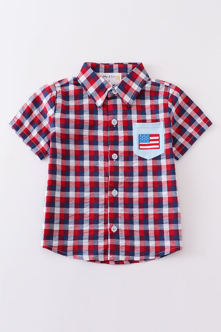 Premium Plaid Patriotic Flag Button Down Boy Shirt