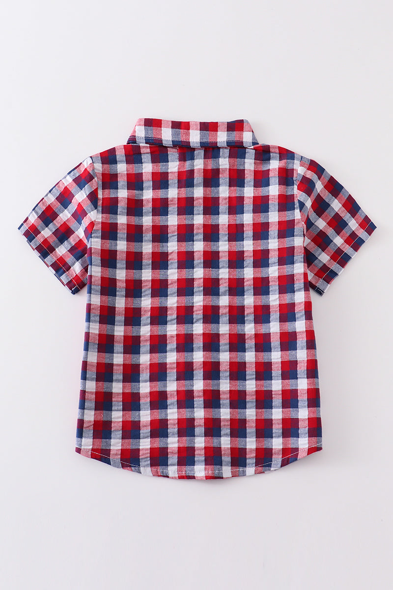 Premium Plaid Patriotic Flag Button Down Boy Shirt