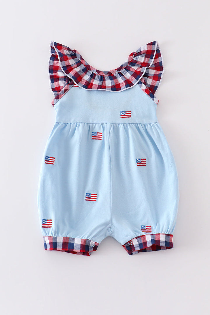 Premium Blue Patriotic Flag Embroidery Girl Romper