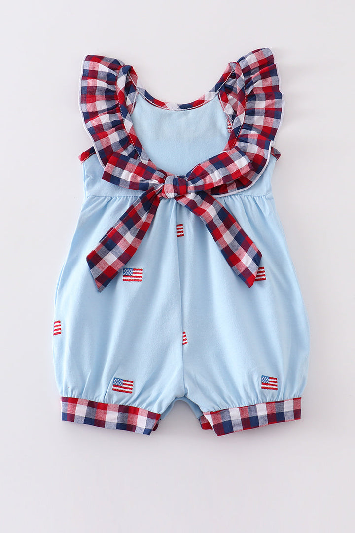 Premium Blue Patriotic Flag Embroidery Girl Romper