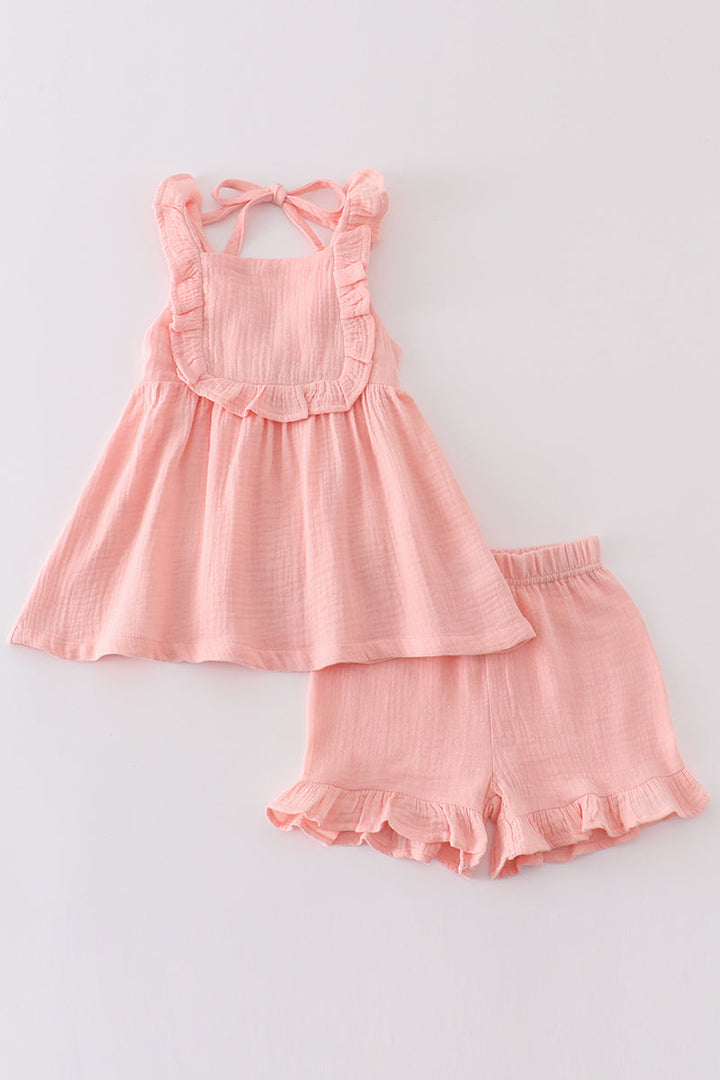 Premium Pink Muslin Ruffle Shorts Set