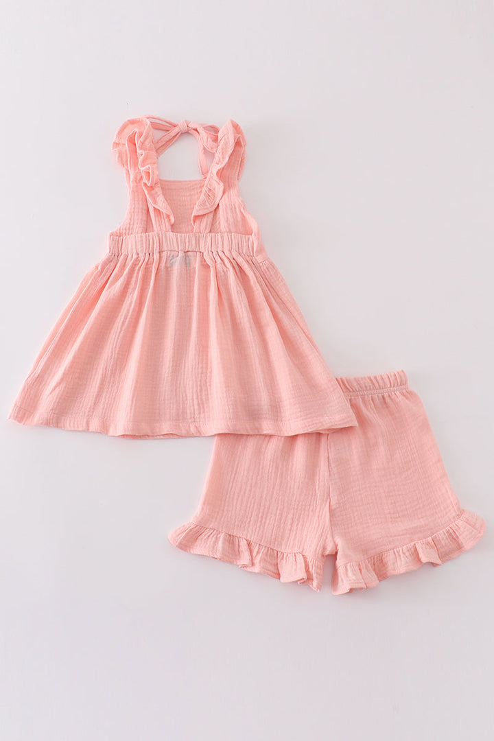 Premium Pink Muslin Ruffle Shorts Set