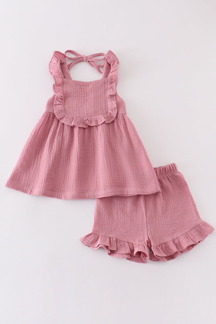 Premium Purple Muslin Ruffle Shorts Set