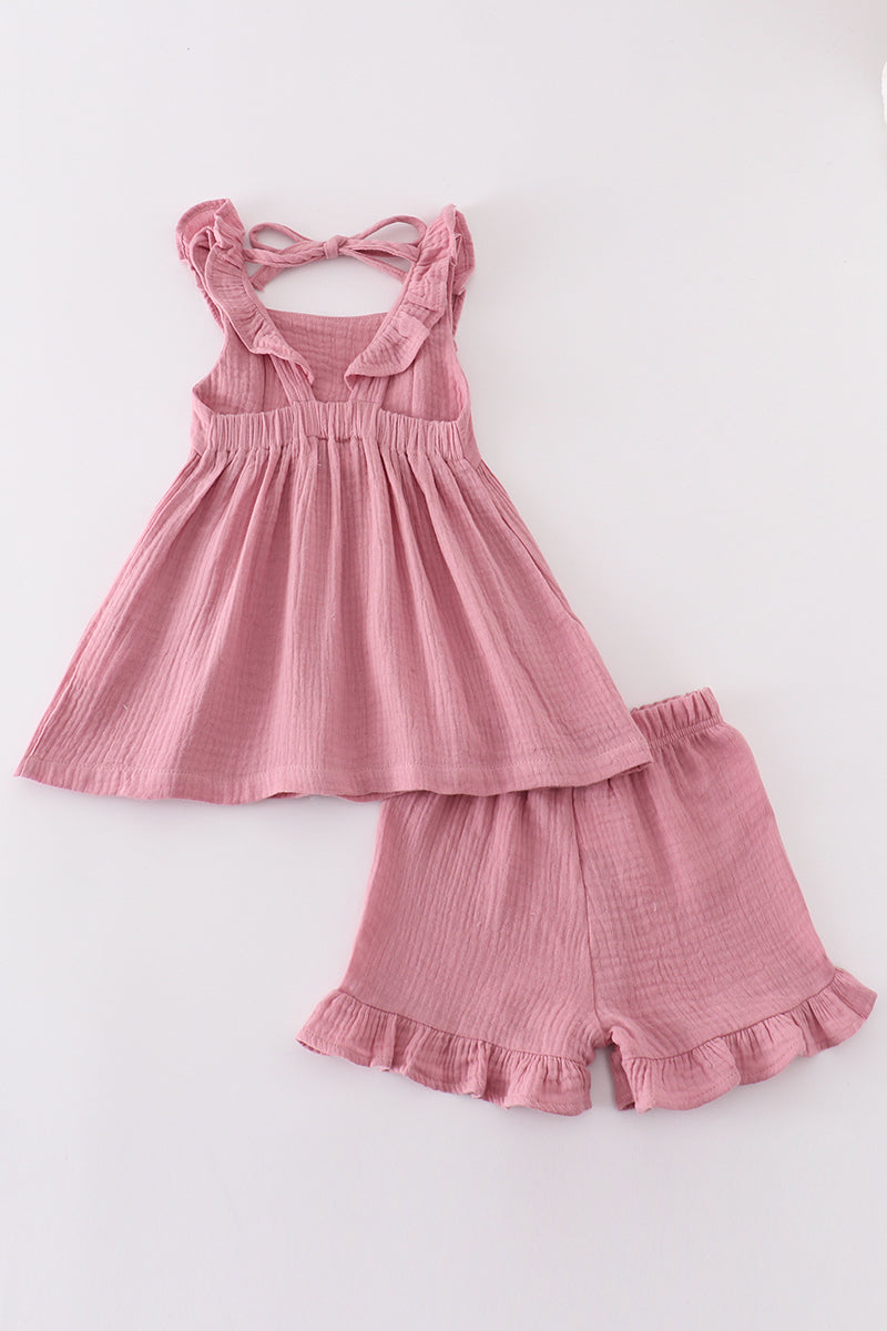 Premium Purple Muslin Ruffle Shorts Set