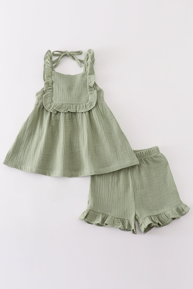 Premium Sage Muslin Ruffle Shorts Set