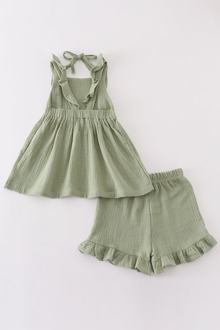 Premium Sage Muslin Ruffle Shorts Set