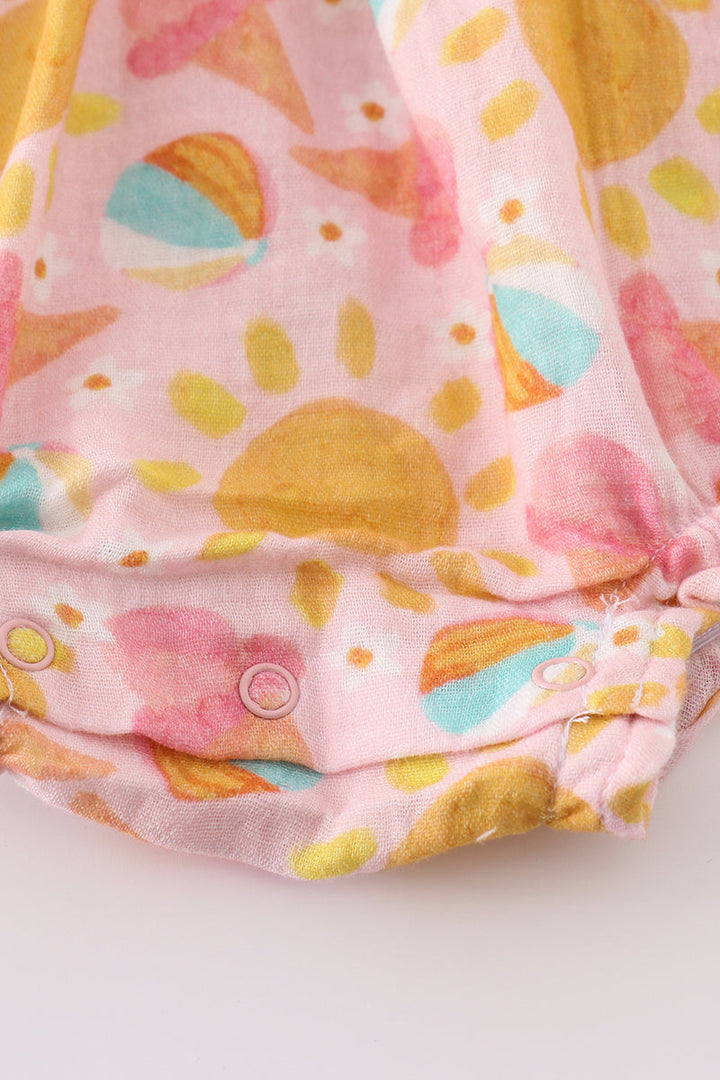 Premium Pink Muslin Sun Ice Cream Smocked Girl Bubble