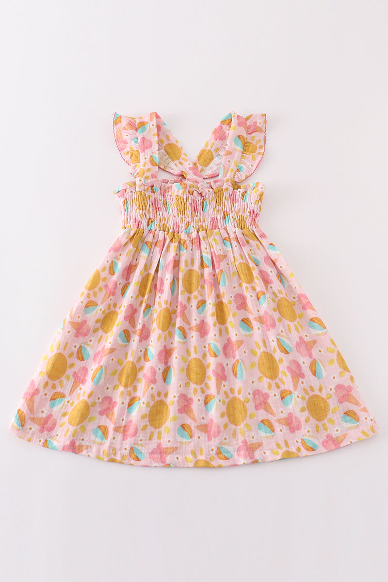 Premium Pink Muslin Sun Ice Cream Smocked Ruffle Dress