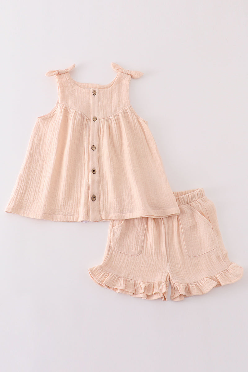 Premium Apricot Muslin Bow Shorts Set