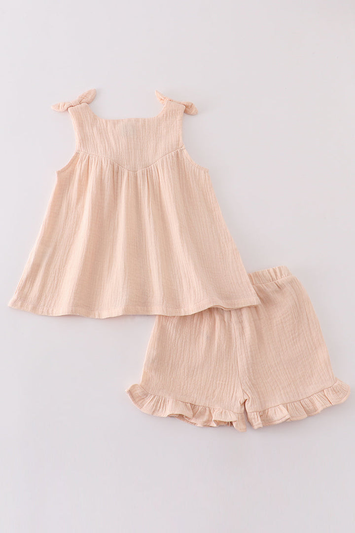 Premium Apricot Muslin Bow Shorts Set