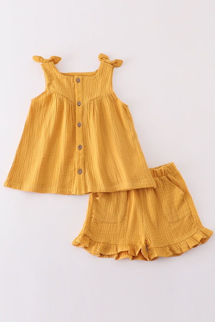 Premium Yellow Muslin Bow Shorts Set