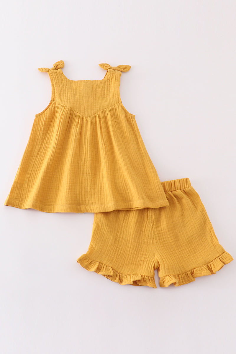 Premium Yellow Muslin Bow Shorts Set